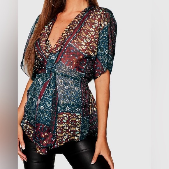 Boohoo Boho Patchwork Print Tie Front Blouse - Picture 1 of 5